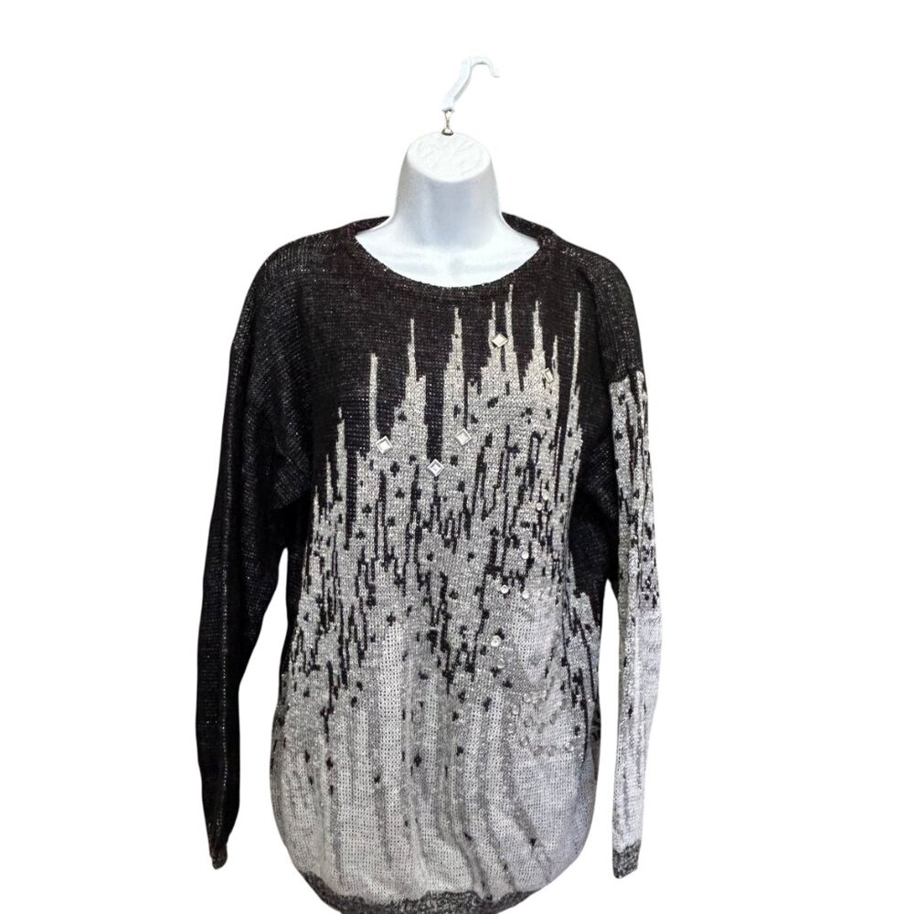 VINTAGE 80s 90s Sparkly Abstract Cityscape Knit Sweater ✨ Size M Bling